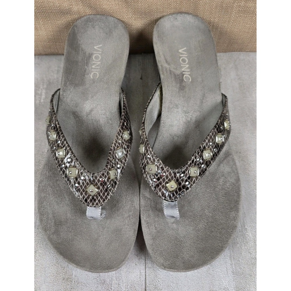 Vionic Marceau Jewel Studded Snake Print Brown Gray Wedge Heel Sandals Size 9.5‎